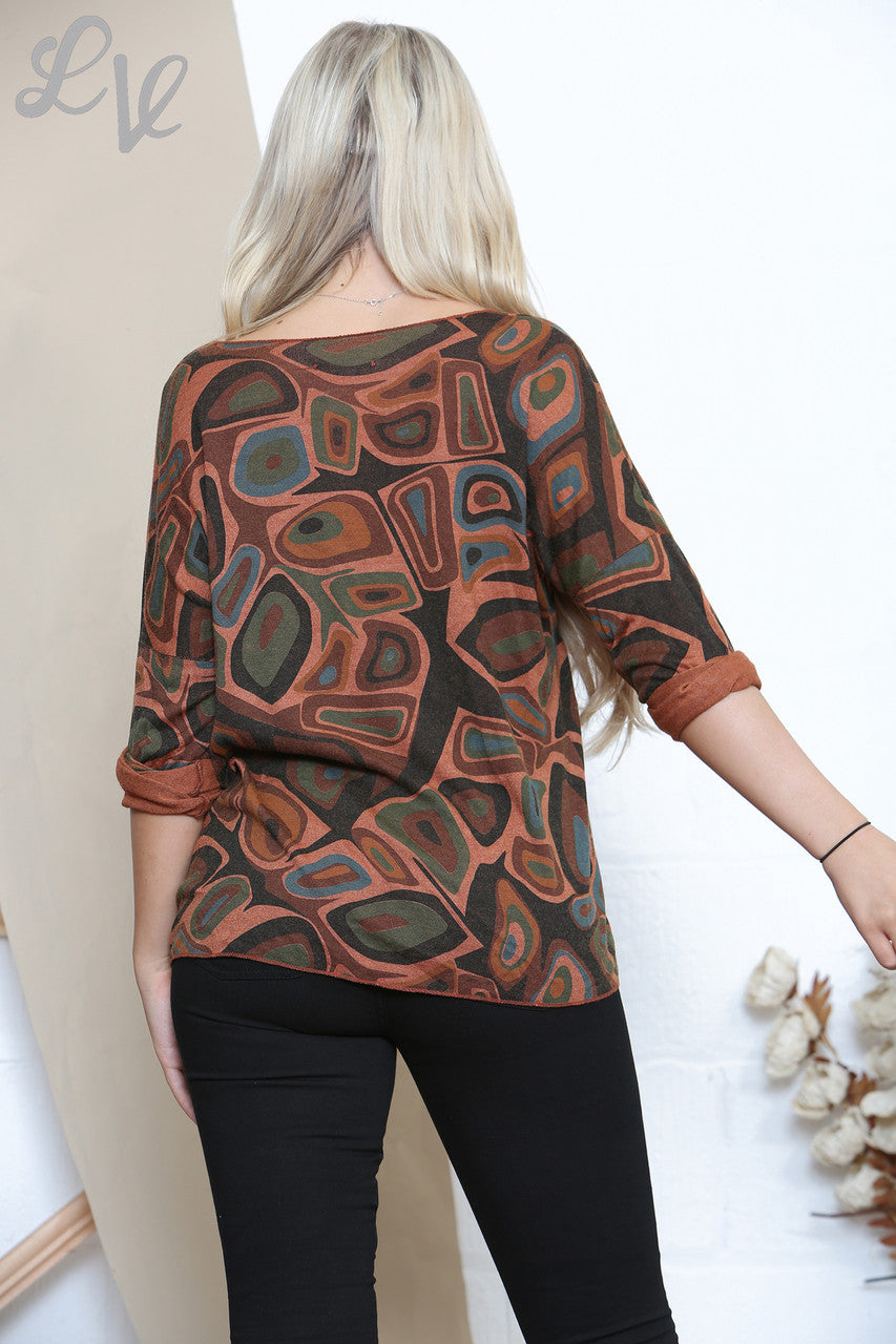 Ladies Swirl Shapes Print Top Rust