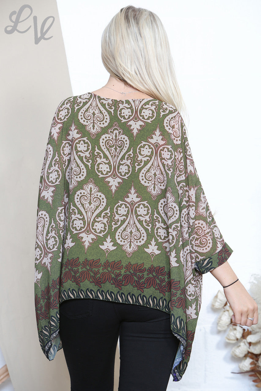 Ladies Damask Paisley Print Batwing Blouse Top Khaki