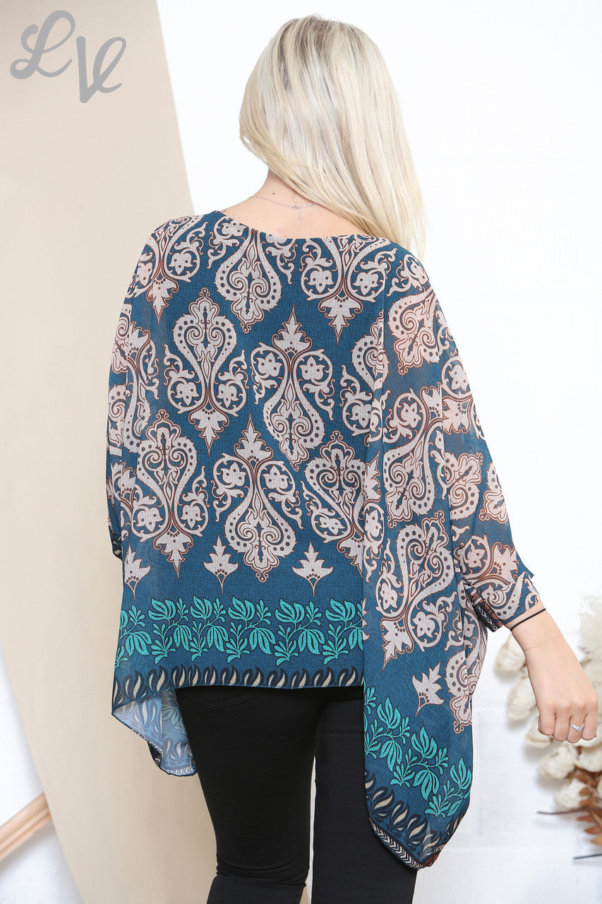 Dames Batwing Blouse Top met Damast Paisley Print Petrol
