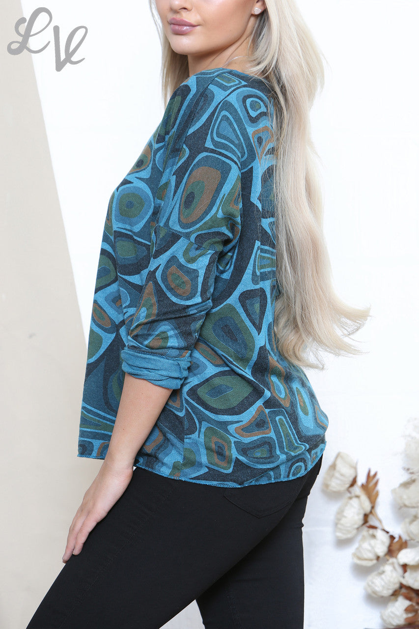 Dames Top met Geometrische Print Petrol