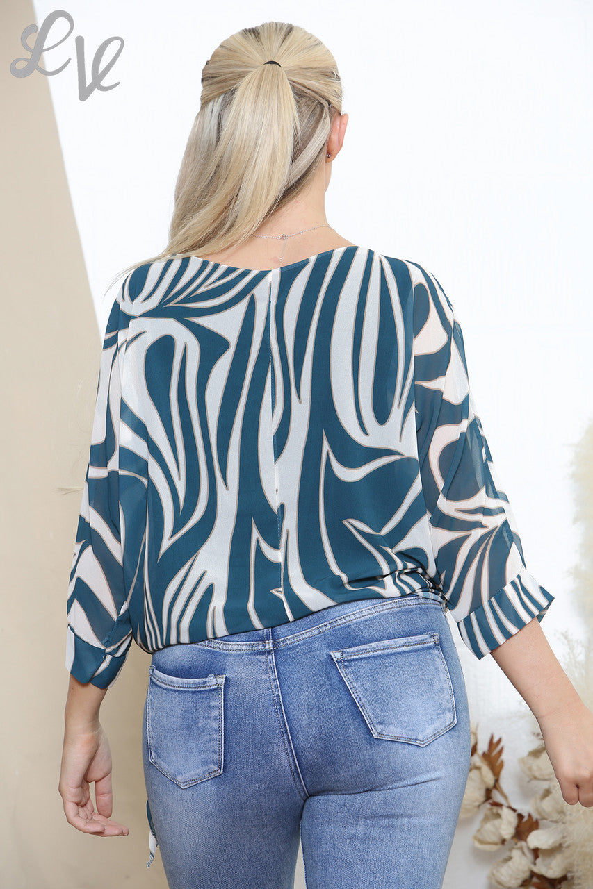 Dames Marmer Swirl Print Blouse met Strikje Teal