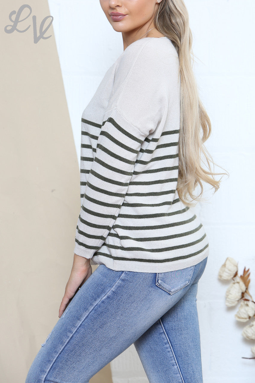 Ladies Fine Stripe Fines Knit Jumper Top Khaki