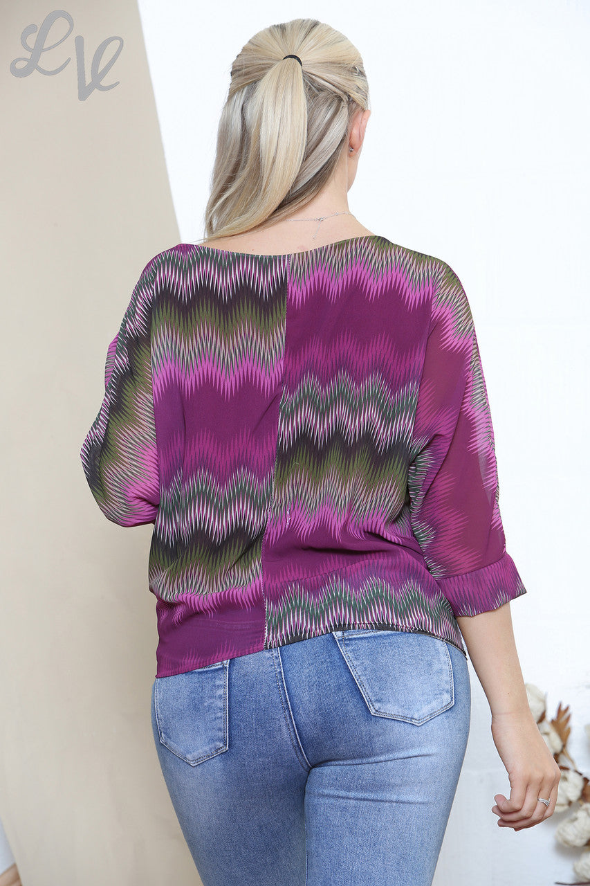 Ladies Zig Zag Blur Print Tie Side Blouse Purple