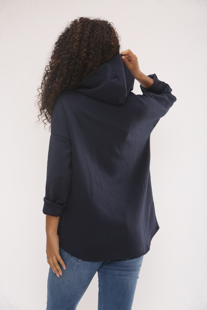 SWEATER MET CAPUCHON EN RELIËFPRINT EN VINTAGE SOFT TOUCH - NAVY