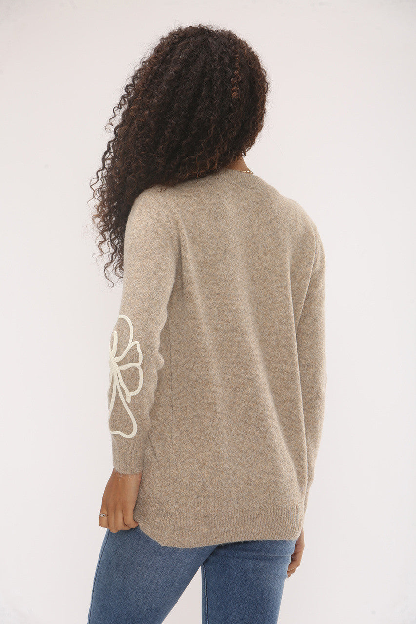 FLOWER EMBROIDERY KNIT JUMPER - TAUPE
