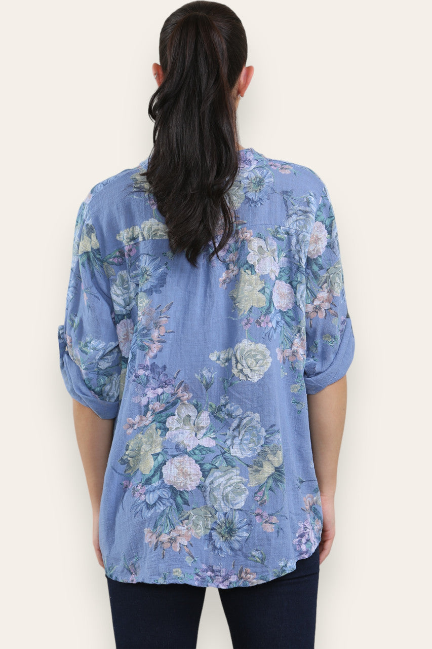 VERVAAGDE BLOEMENBOEKETPRINT GRANDAD SHIRT BLOUSE DENIM