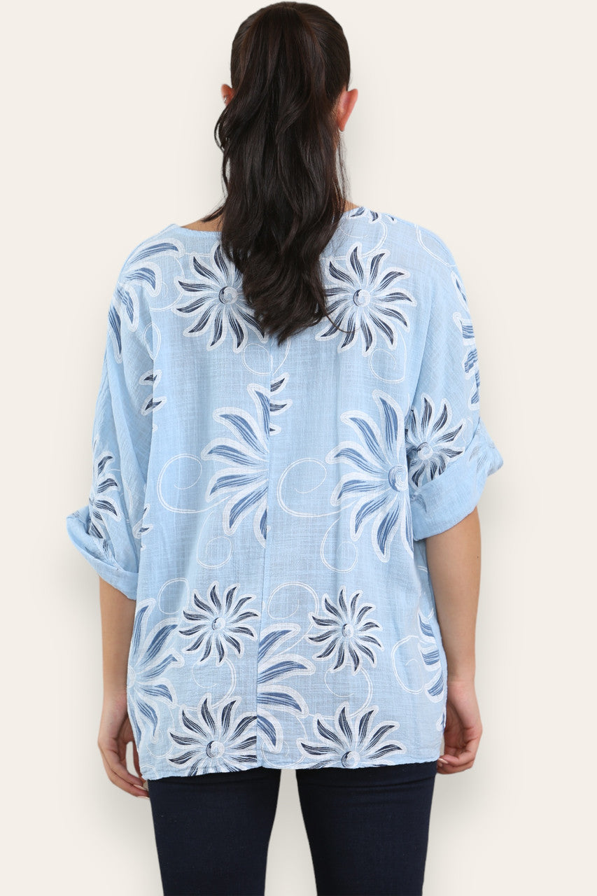 SWIRL SUN PRINT TOP LIGHT BLUE