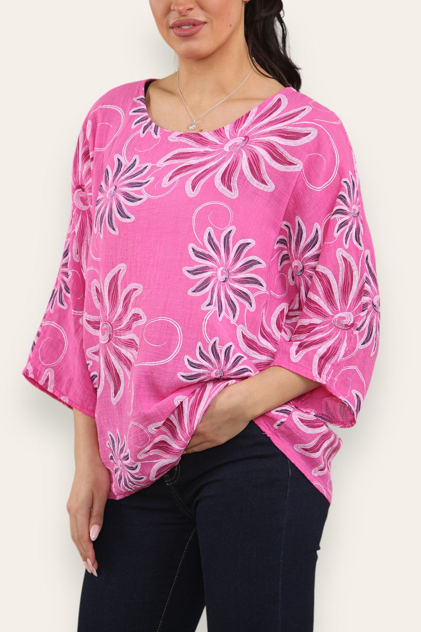SWIRL SUN PRINT TOP CERISE