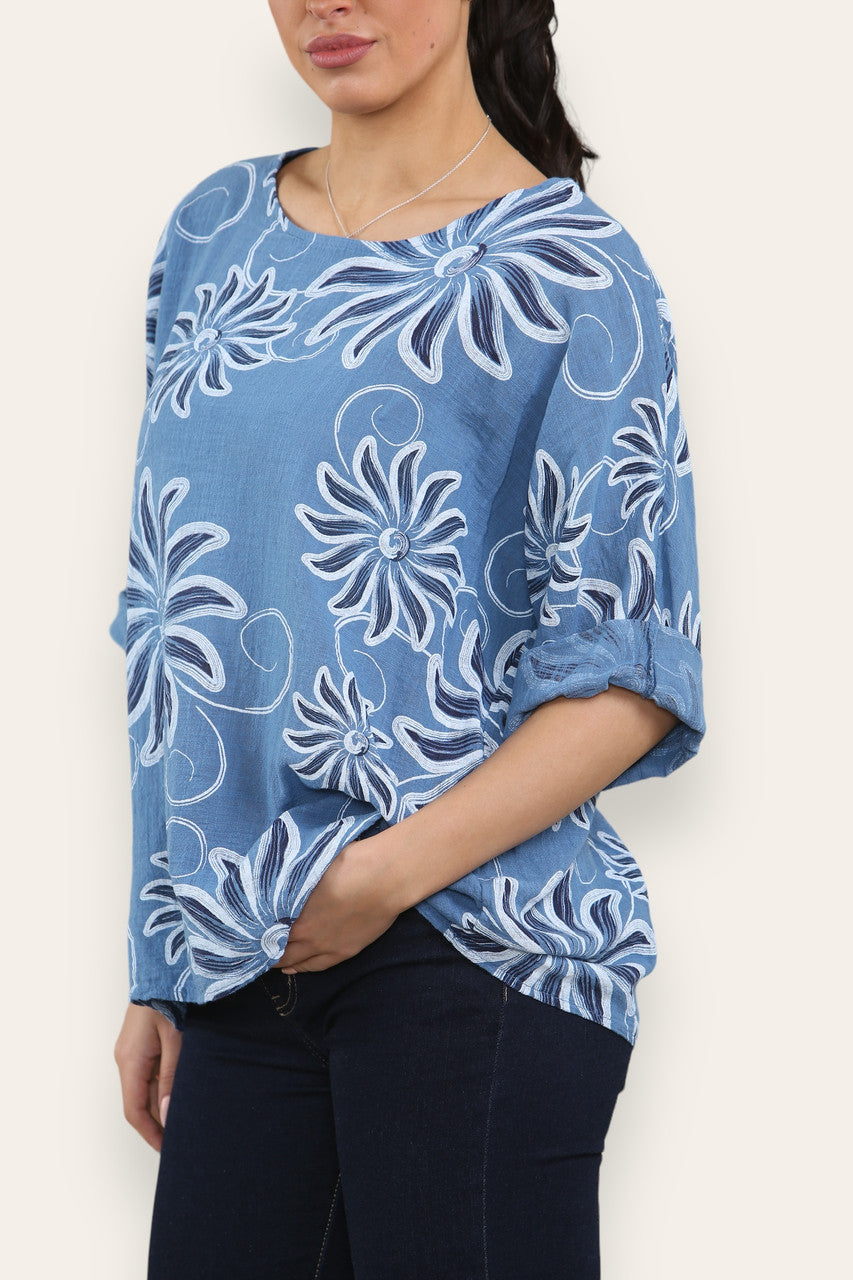 SWIRL SUN PRINT TOP DENIM