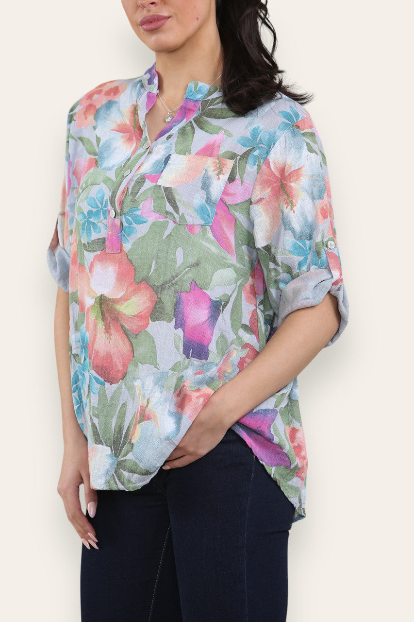 TROPICAL PRINT GRANDAD SHIRT SILVER