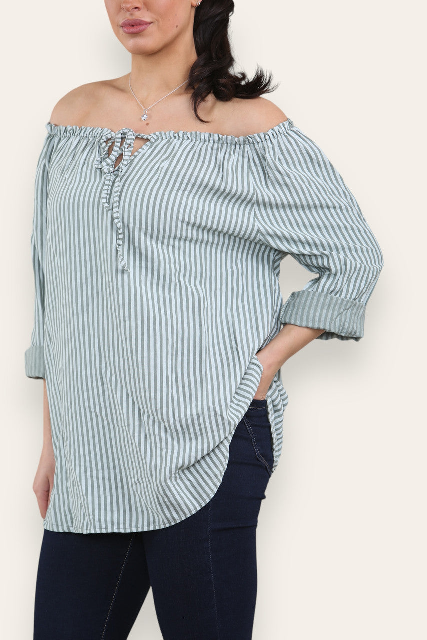 STRIPE TIE FRONT BARDOT TOP KHAKI