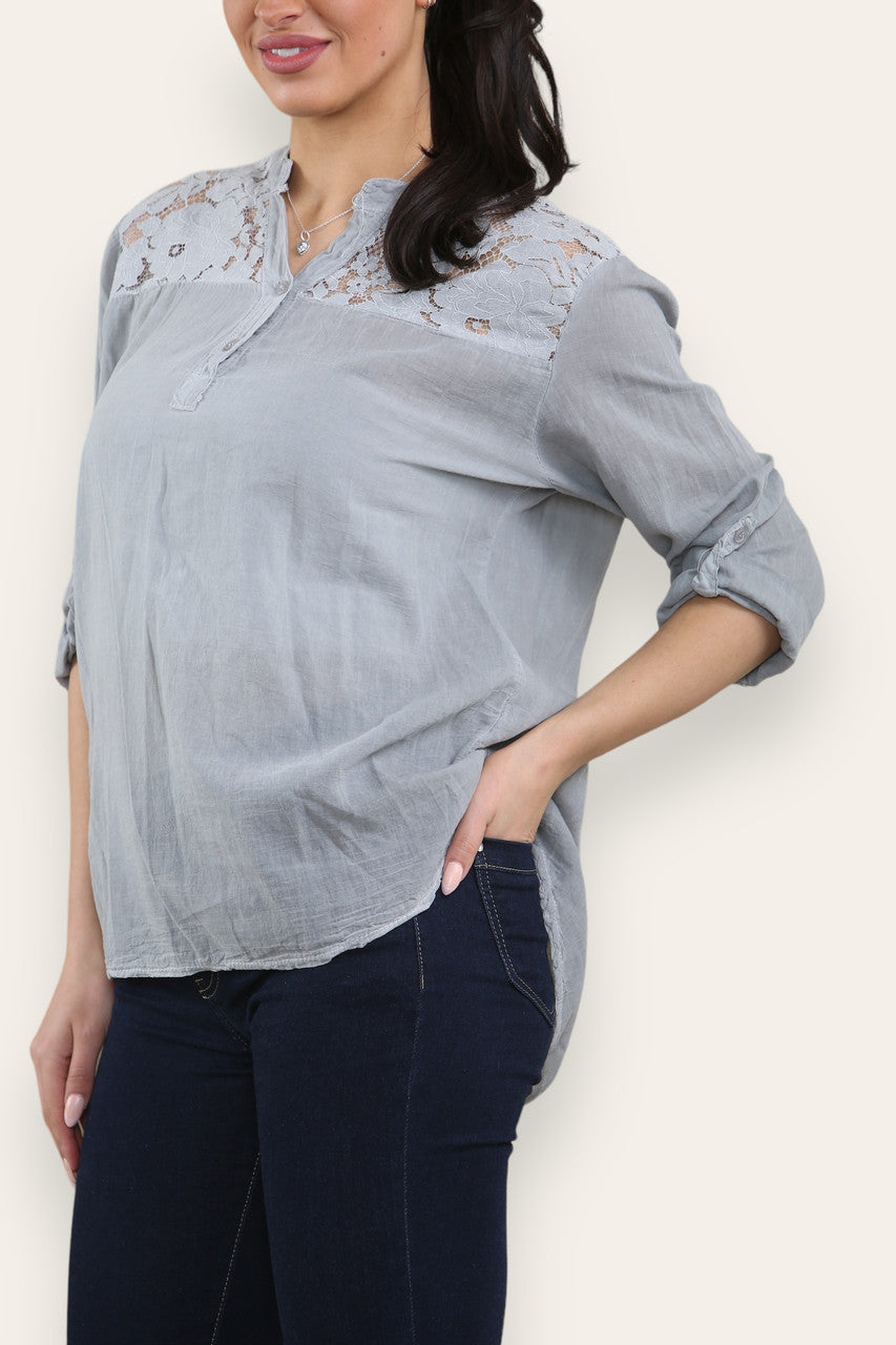 LACE SHOULDER DETAIL GRANDAD SHRIT GREY