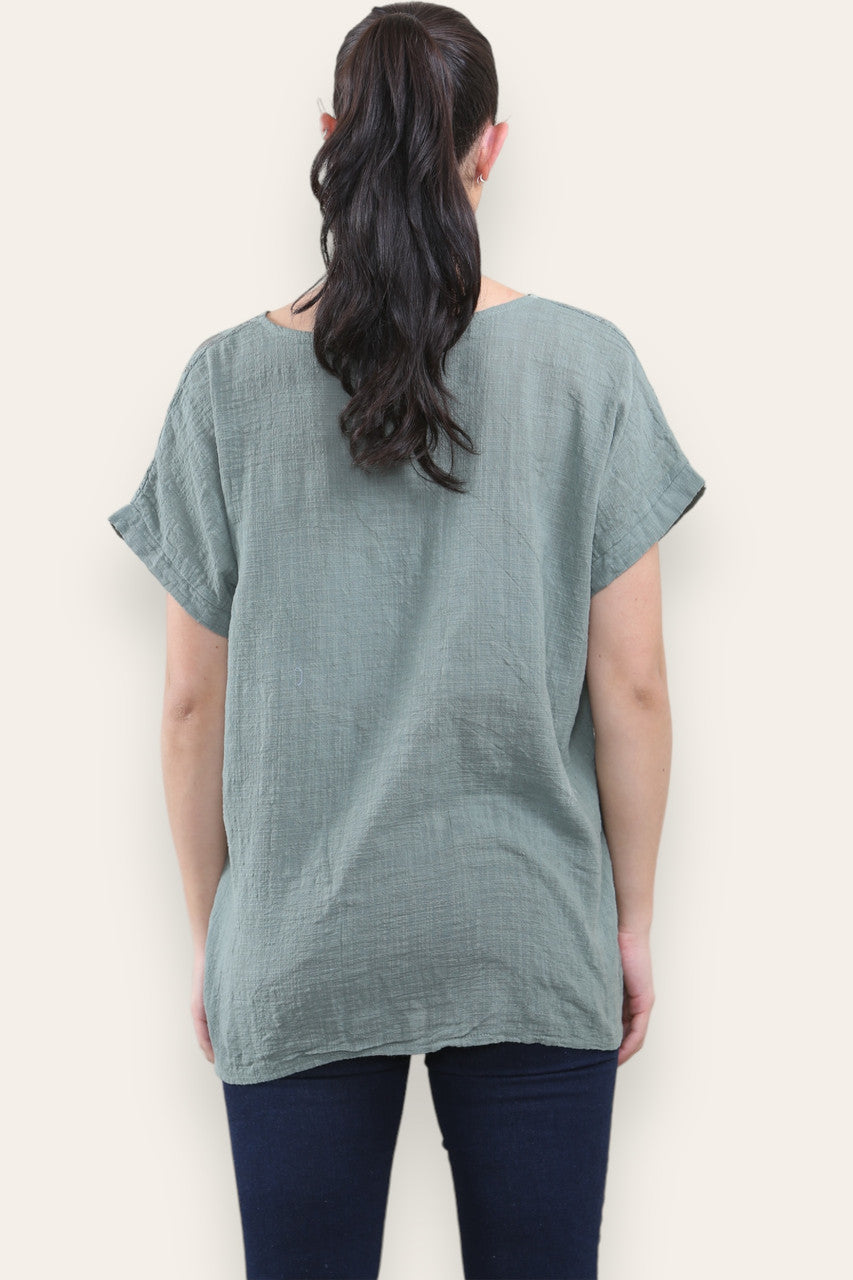 CROCHET LACE SHOULDER DETAIL TOP - KHAKI