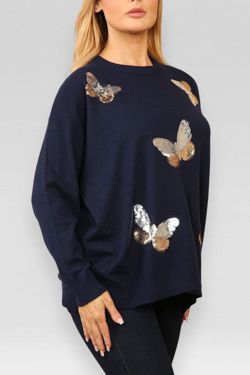 GEBREIDE TRUI MET PAILLETTENVLINDER NAVY