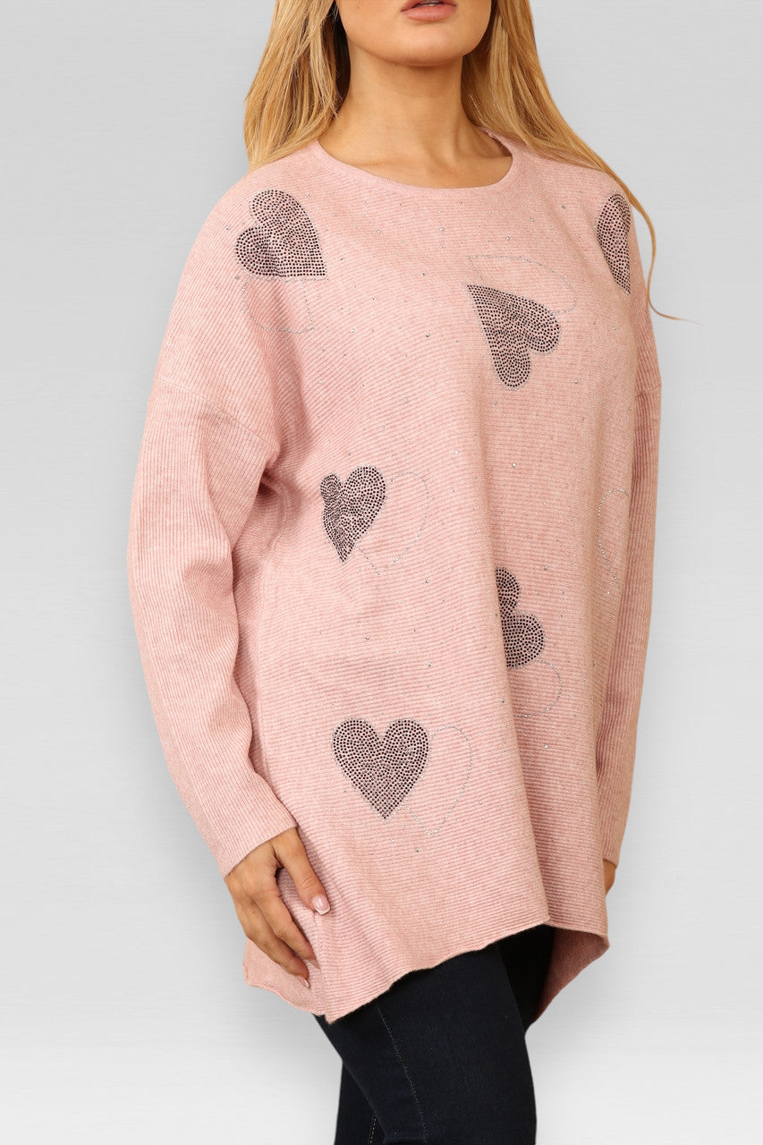 DIAMANTE HARTEN GEBREIDE TRUI ROZE