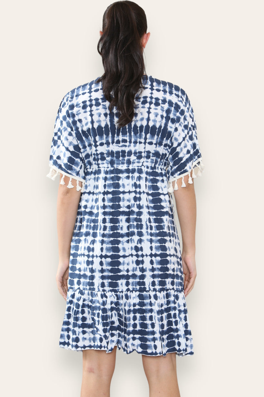 TIE DYE ROPE TASSEL DETAIL MIDI DRESS NAVY
