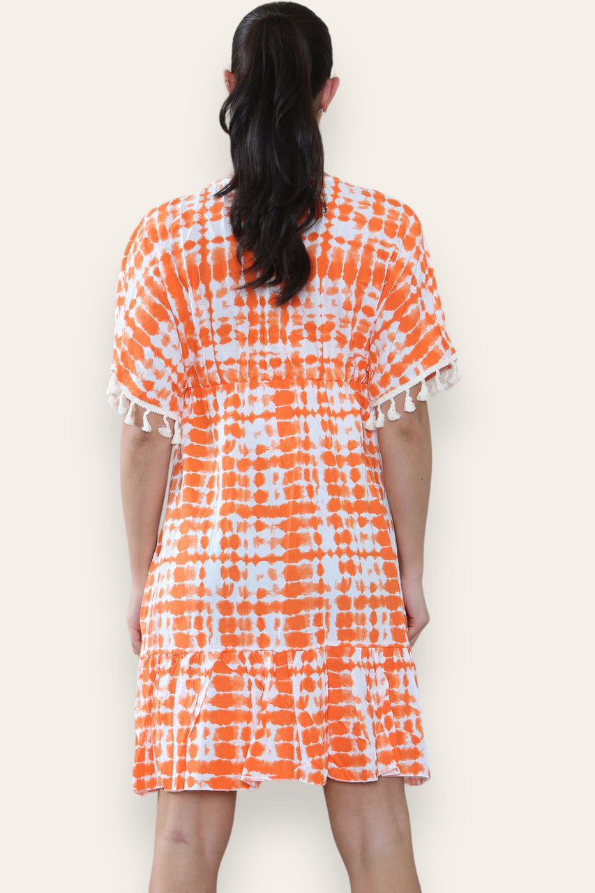TIE DYE ROPE TASSEL DETAIL MIDI DRESS ORANGE