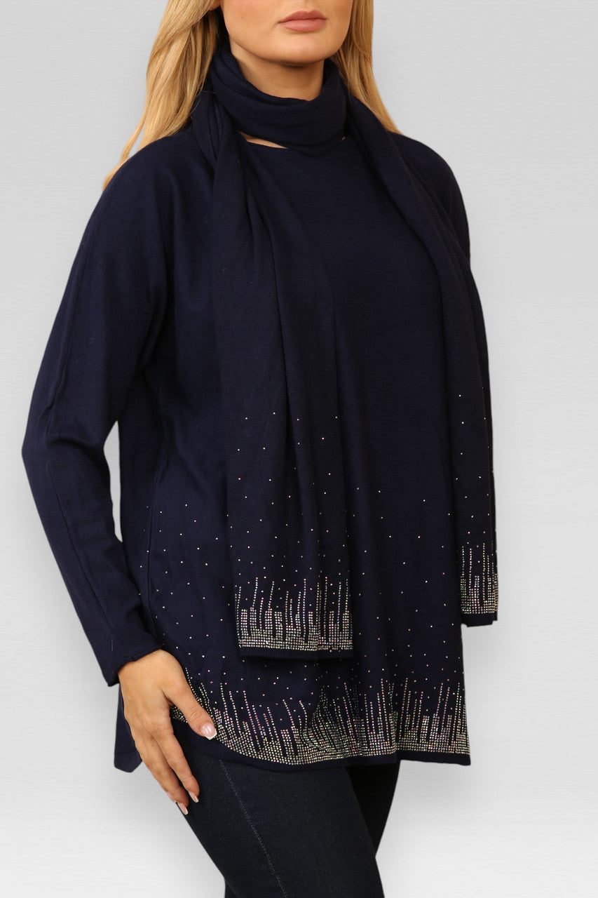 DIAMANTE SPARKLE HEM JUMPER WITH MATCHING SCARF NAVY