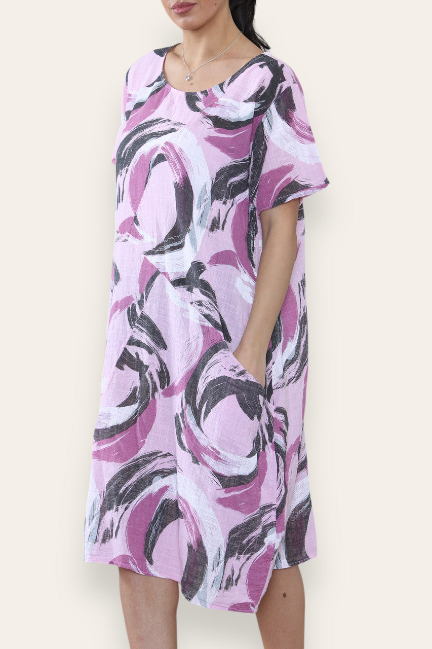 PAINT BRUSHSTROKES PRINT MIDI DRESS PINK