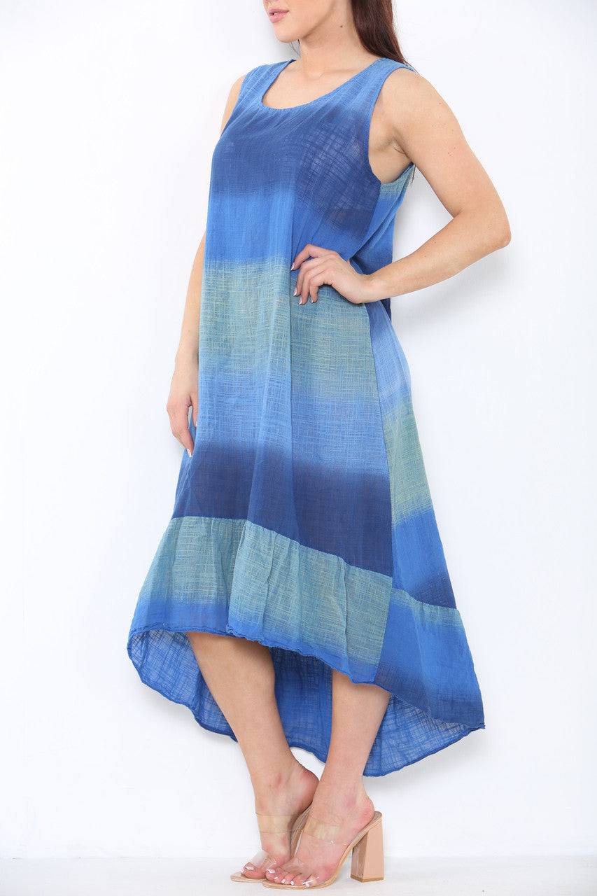 Ladies Tie Dye Ombre Sleeveless Dress Royal Blue