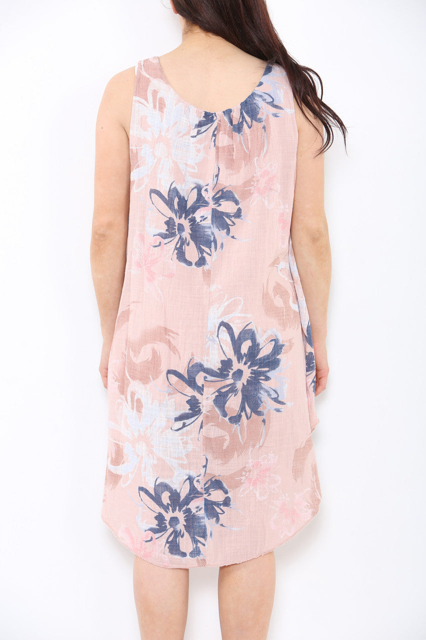 Ladies Abstract Floral Print Sleeveless Dress Dusty Pink