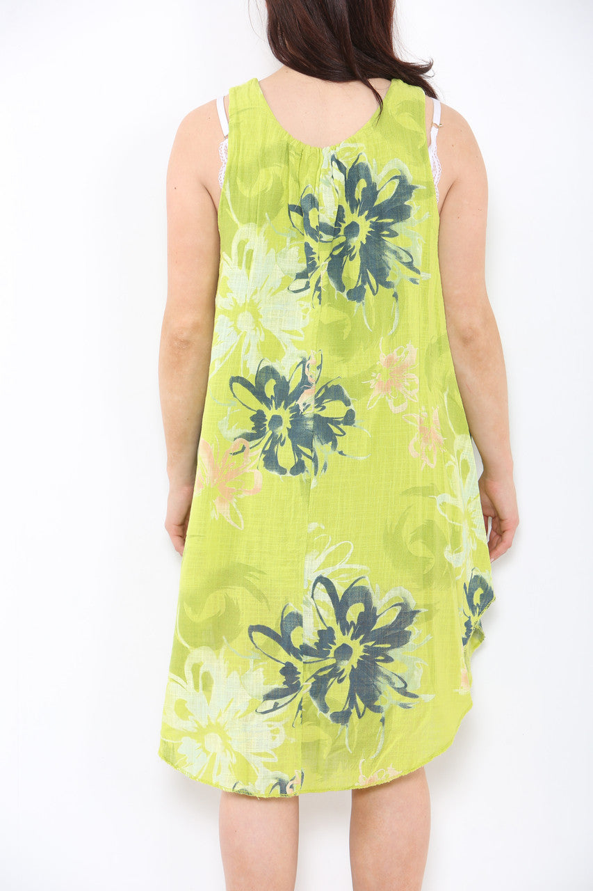Ladies Abstract Floral Print Sleeveless Dress Lime