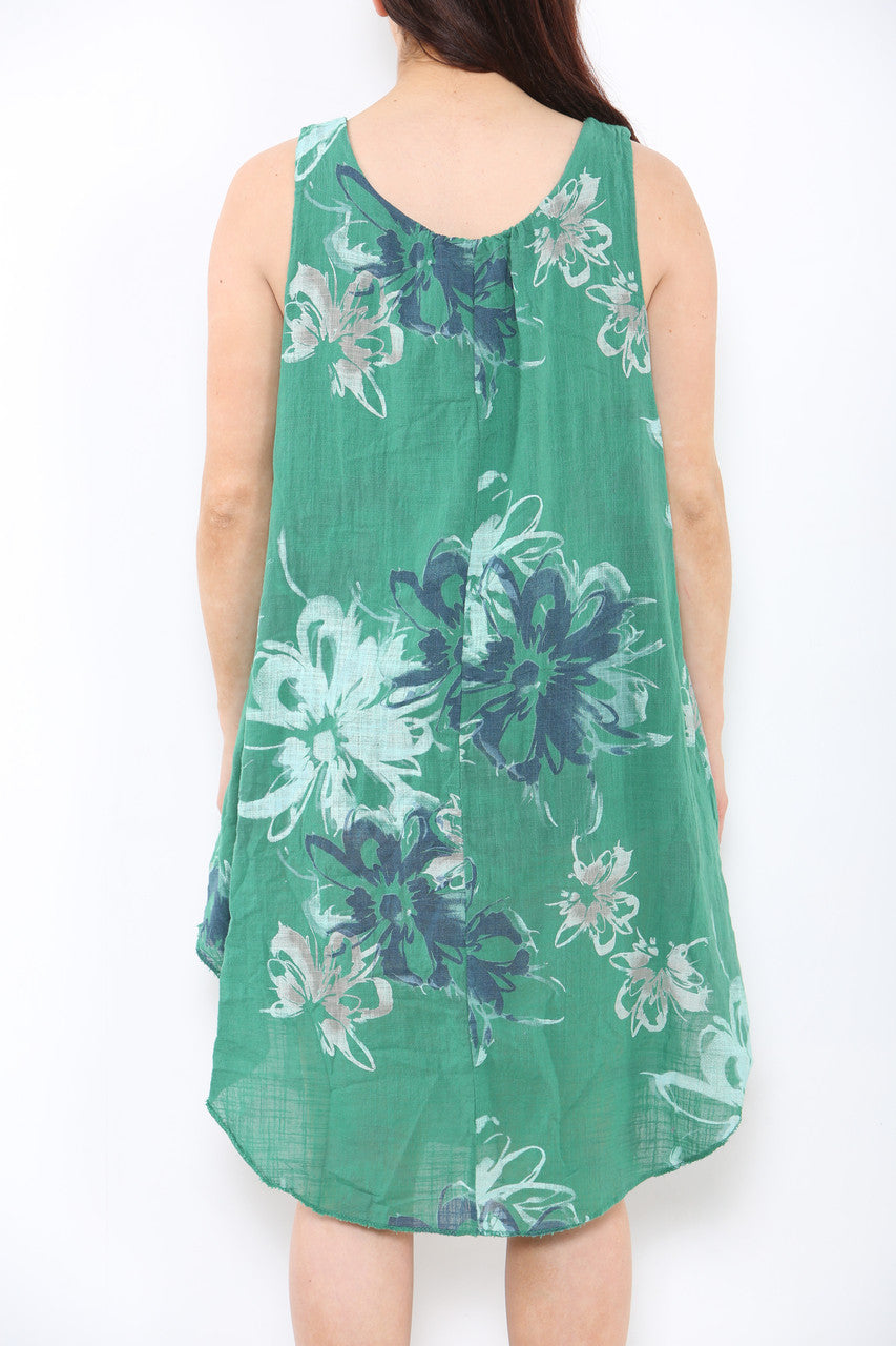 Ladies Abstract Floral Print Sleeveless Dress Green