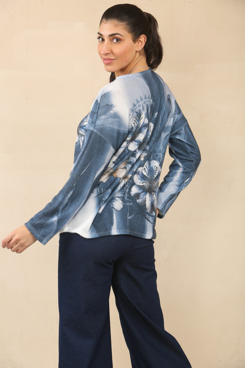TOP MET BLOEMEN- EN VLINDERPRINT - NAVY