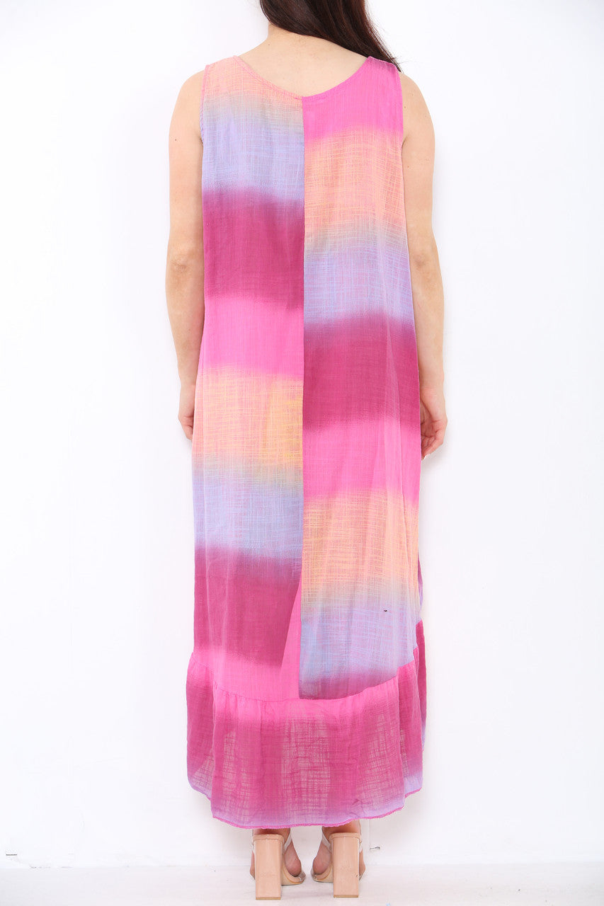 Ladies Tie Dye Ombre Sleeveless Dress Cerise