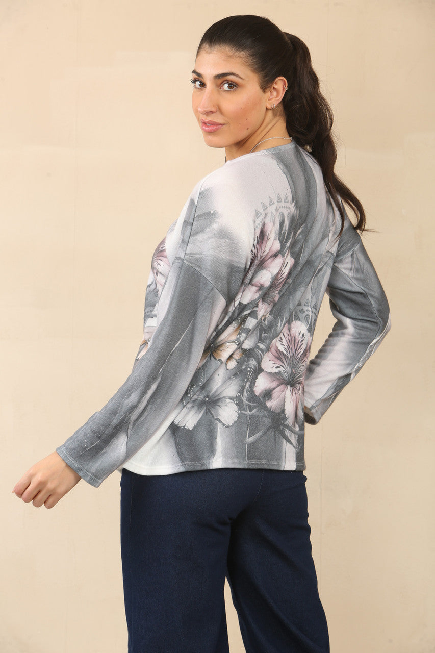 TOP MET BLOEMEN- EN VLINDERPRINT - GRIJS