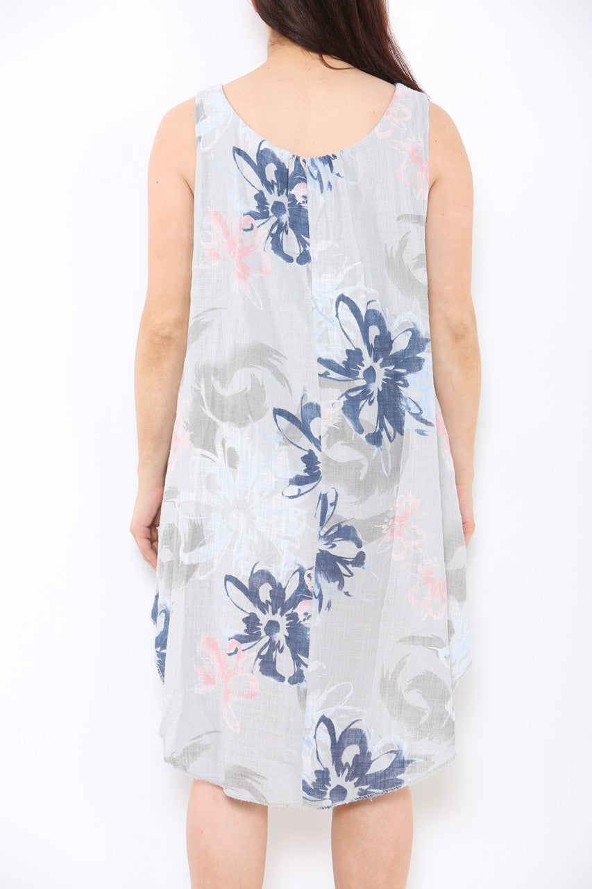 Ladies Abstract Floral Print Sleeveless Dress Silver