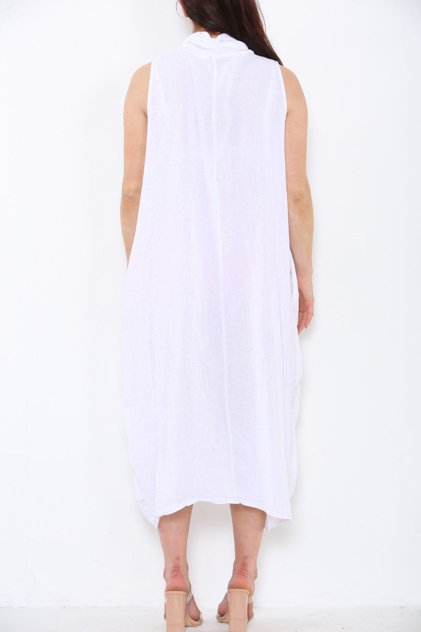 Ladies Linen Button Front Cowl Neck Sleeveless Dress White