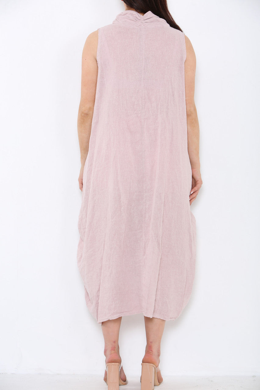 Ladies Linen Button Front Cowl Neck Sleeveless Dress Dusty Pink