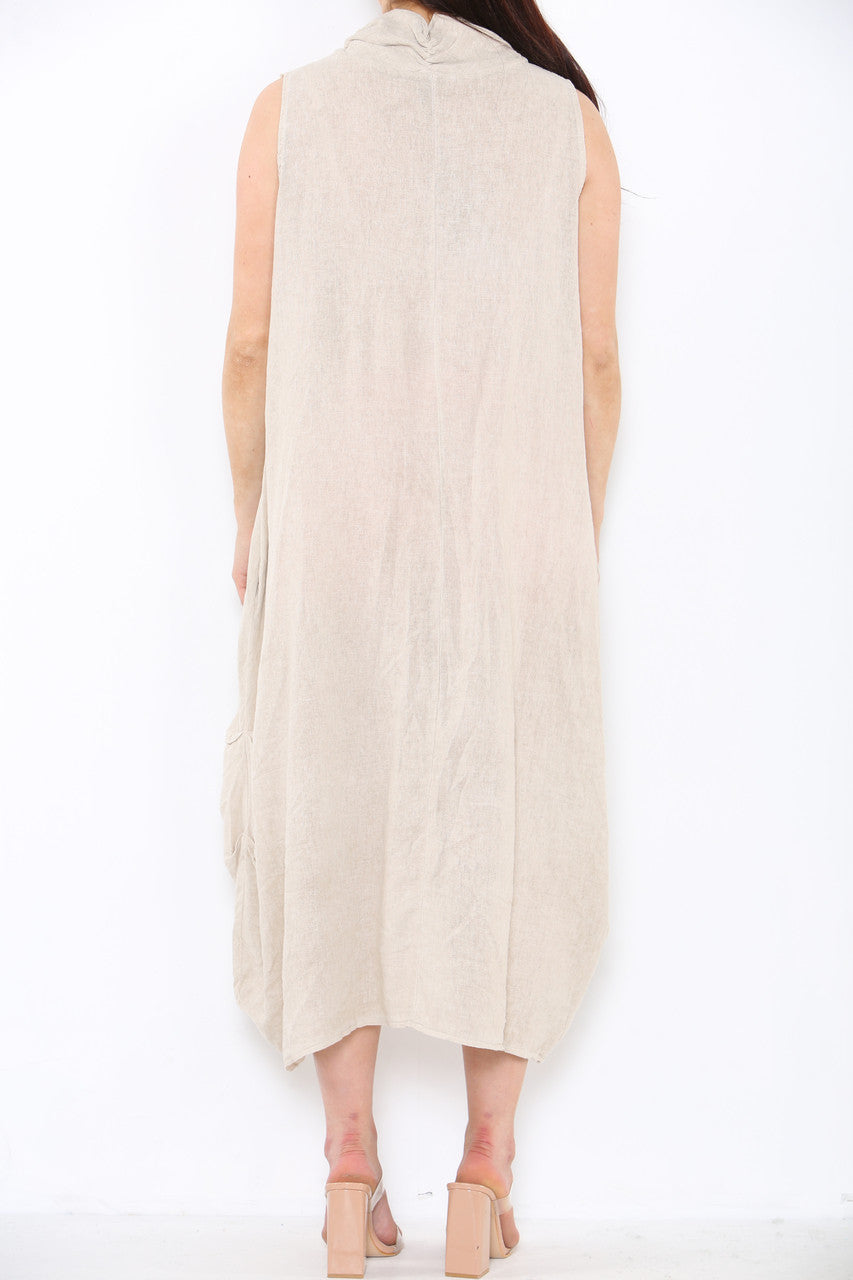 Ladies Linen Button Front Cowl Neck Sleeveless Dress Stone