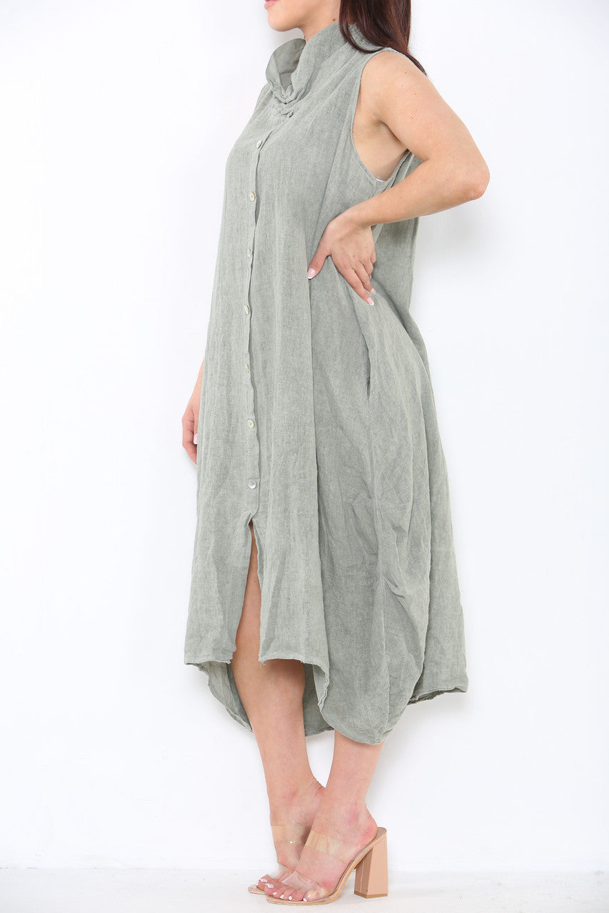 Ladies Linen Button Front Cowl Neck Sleeveless Dress Khaki