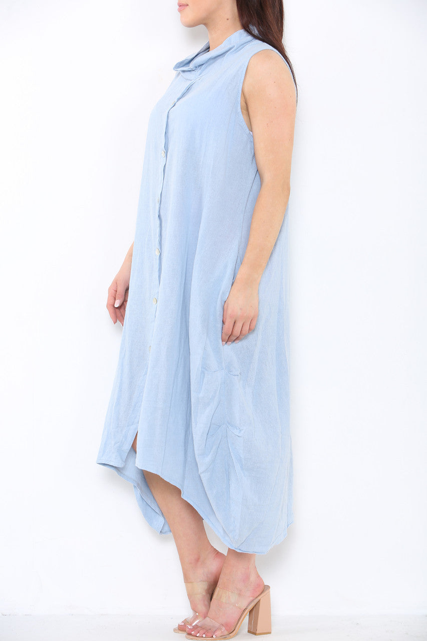 Ladies Linen Button Front Cowl Neck Sleeveless Dress Sky Blue