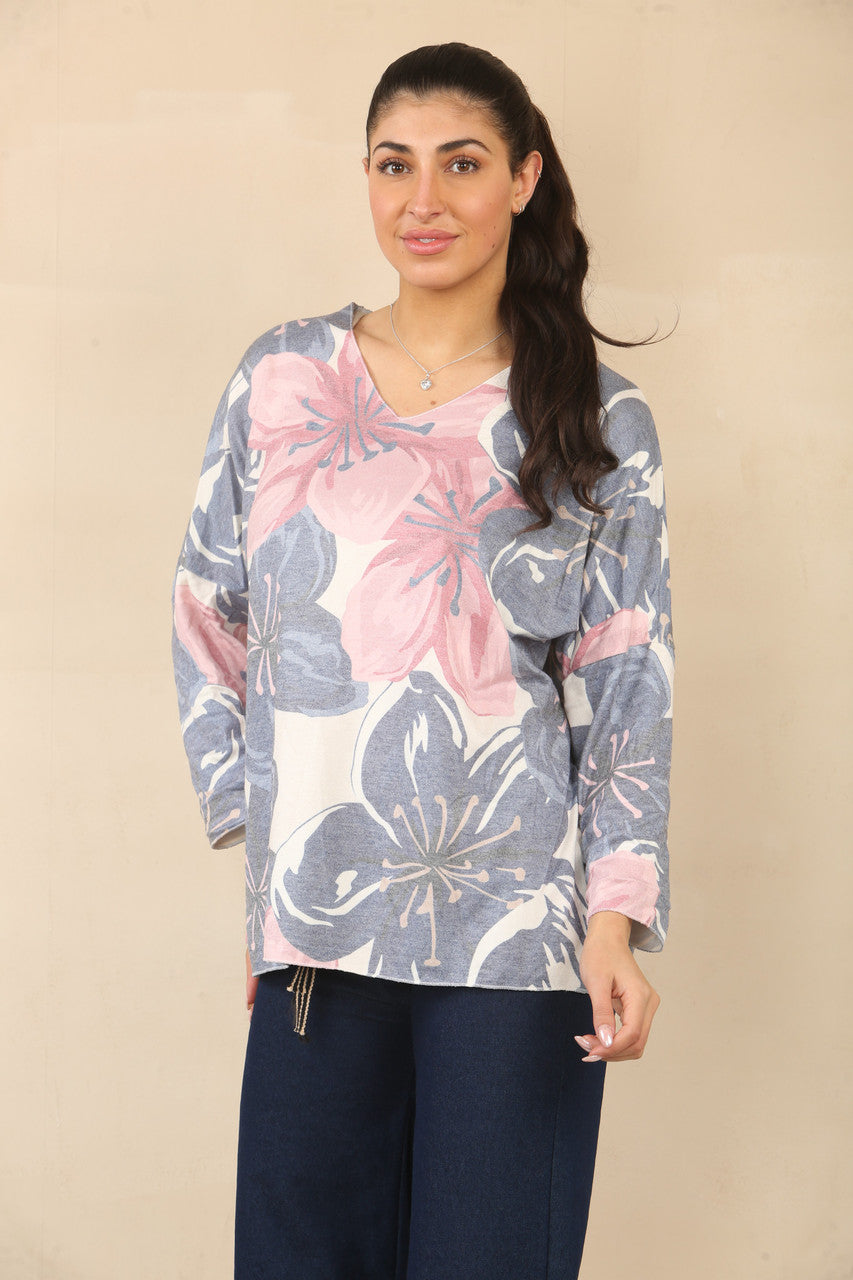 TRUI MET BLOEMENPRINT EN LELIES - MARINEBLAUW