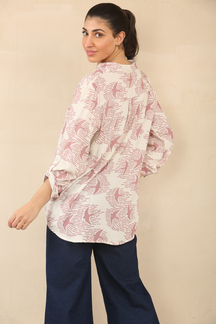 BLOUSE MET VOGELZWERNKPRINT - ROZE