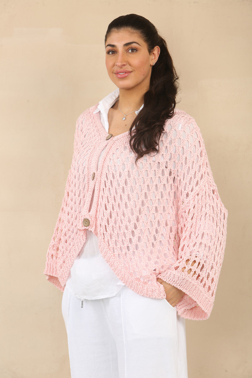 GEHAAKT VEST MET KNOPENSLUITING - ROZE