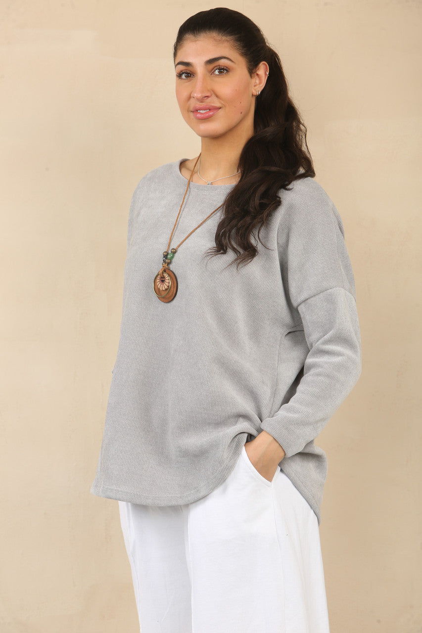 RIBFLUWEEL TOP MET KETTING - GRIJS