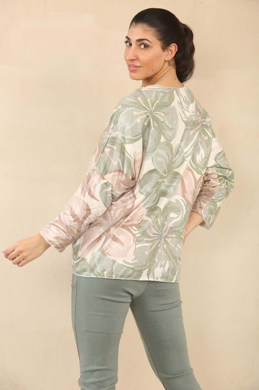 TRUI MET BLOEMENPRINT EN LELIES - KAKI