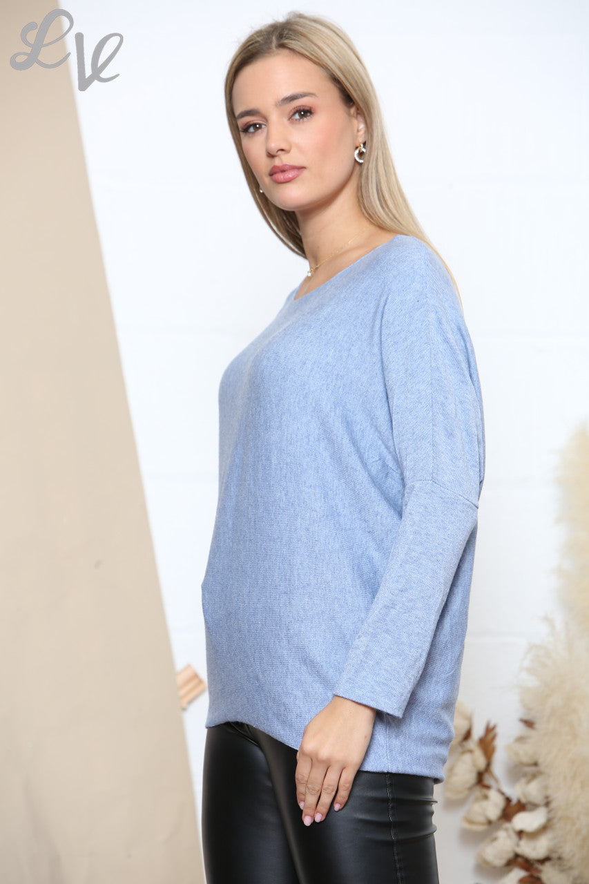 Copy of Ladies Plain Fine Knit Jumper Top Sky Blue