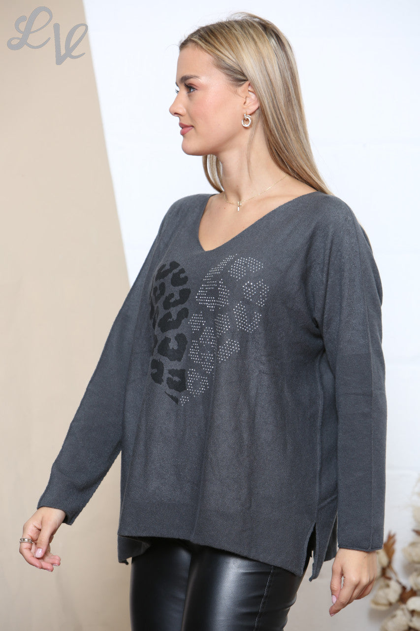 Dames Luipaard Diamante Hart Trui Top Houtskool