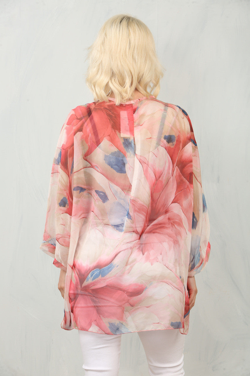 ABSTRACT LEAF PRINT FLOATY CHIFFON BLOUSE WITH VEST - PINK