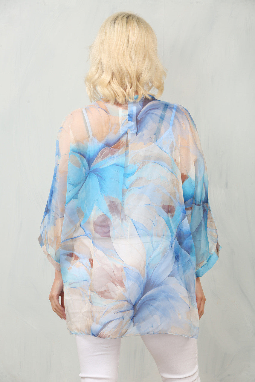 ABSTRACT LEAF PRINT FLOATY CHIFFON BLOUSE WITH VEST - BLUE
