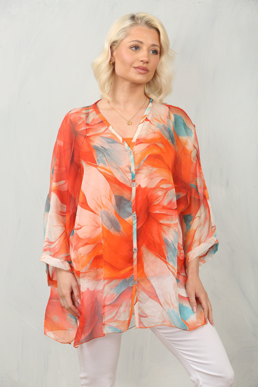 ABSTRACTE BLADPRINT LUCHTIGE CHIFFON BLOUSE MET TOP - ORANJE