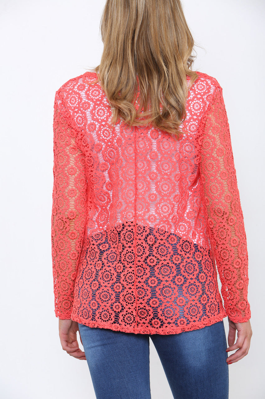 Ladies Lace Detail Long Sleeve Top Coral