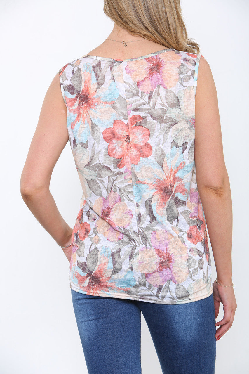 Dames Mouwloze Top met Gebloemde Mix Print en Burn-out Effect Roze