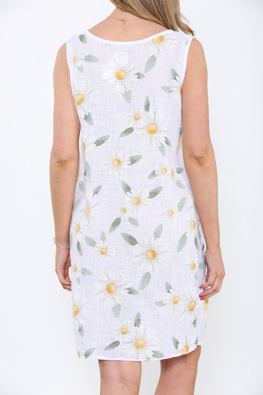 Dames mouwloze pinafore jurk met madeliefjesprint wit