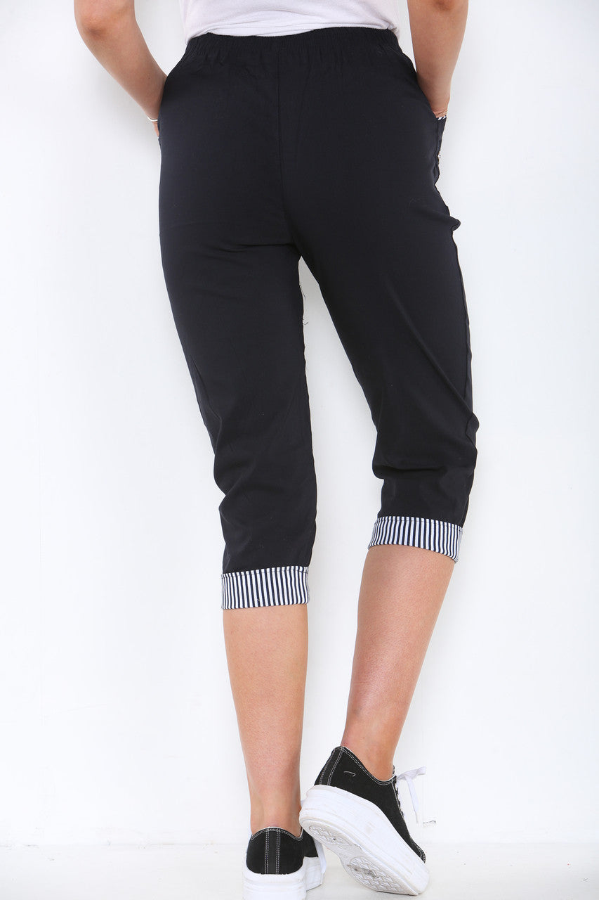 CROPPED STRETCH STRIPE HEM CHERRY BERRY TROUSERS BLACK